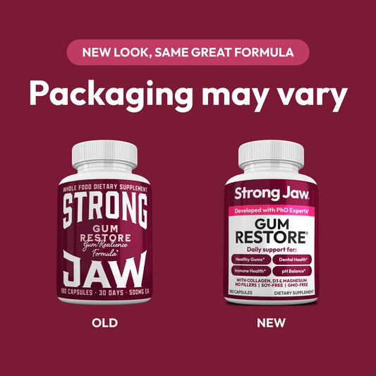 Strong Jaw Gum Restore capsules—easy daily dose for gum health and remineralization.