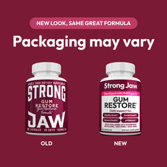 Strong Jaw Gum Restore capsules—easy daily dose for gum health and remineralization.