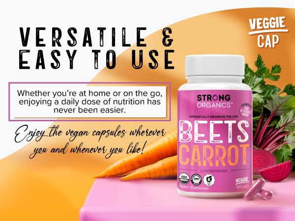 Strong Organics Beet Carrot Juice Caps health-use image suggests eye and heart support