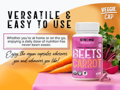 Strong Organics Beet Carrot Juice Caps health-use image suggests eye and heart support