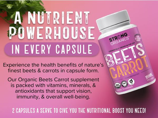 Strong Organics Beet Carrot Juice Caps pour shows caffeine-free energy potential