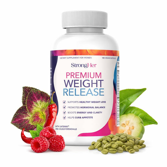 StrongHer Premium Weight Release bottle with capsules for steady energy.