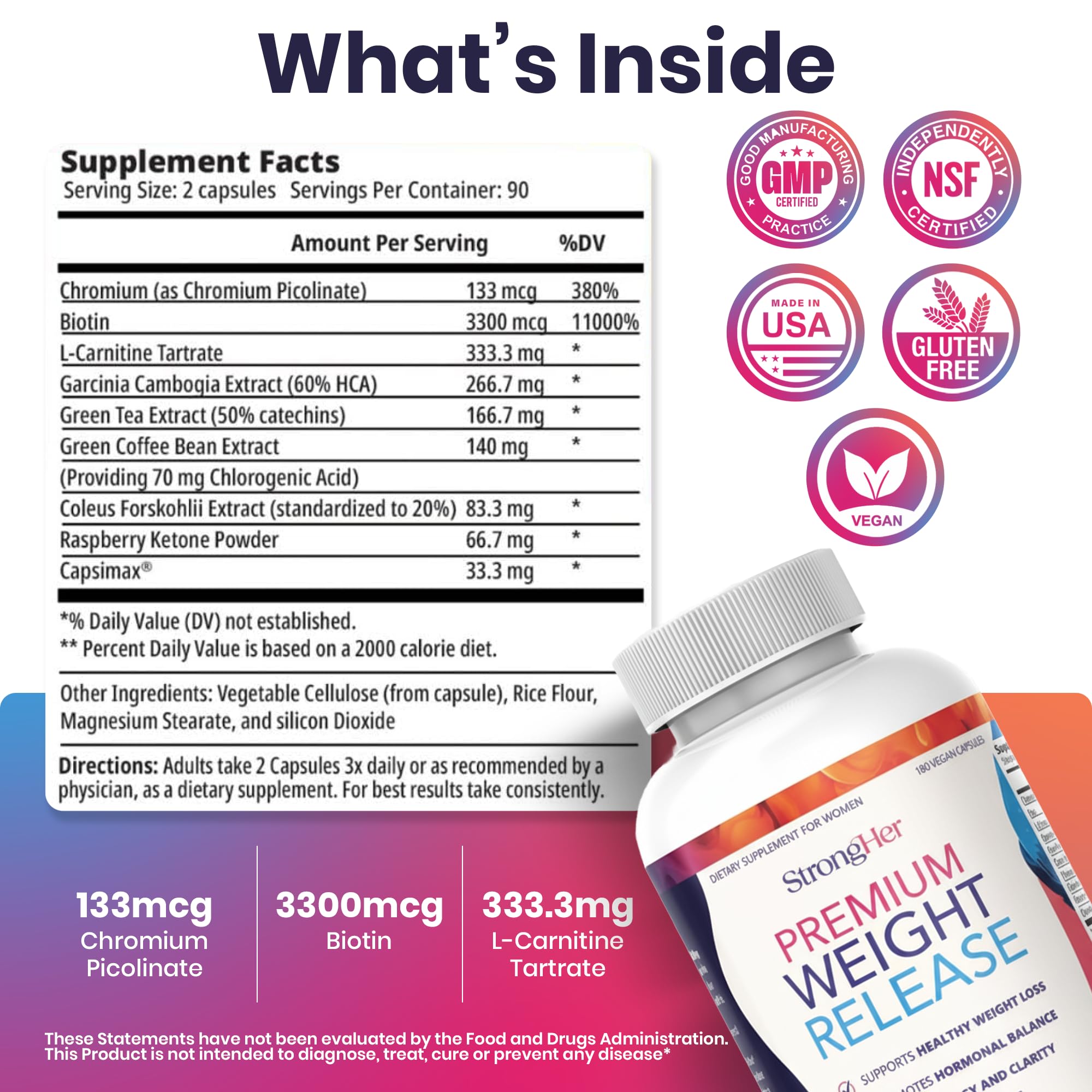 StrongHer Premium Weight Release label showcases vegan, gluten-free formula.