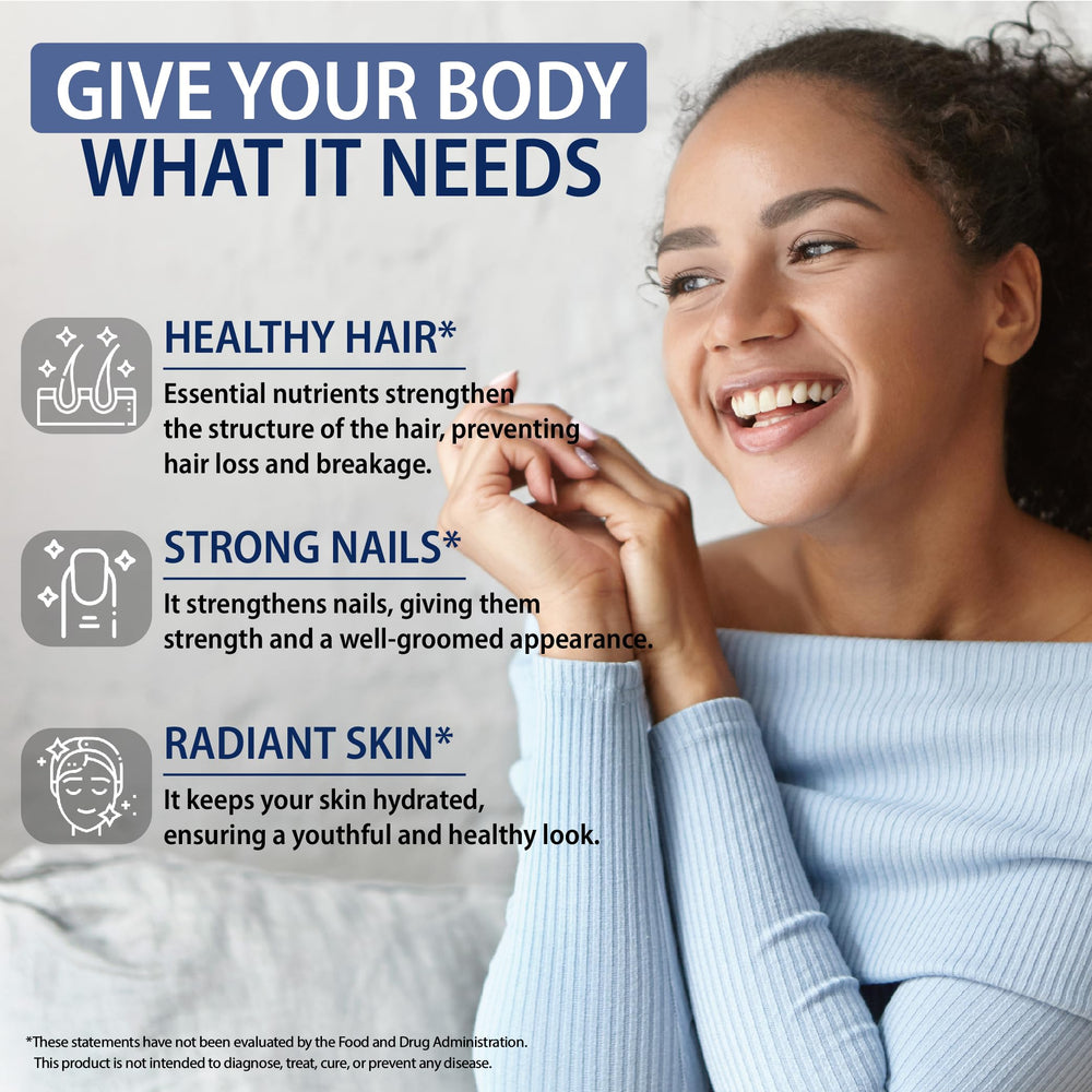StrongVit Biotin hair skin nails capsules on table for healthier looking hair and nails.