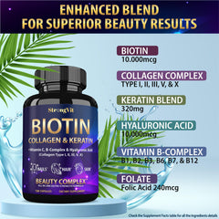 StrongVit Biotin capsules closeup emphasizing texture and potential beauty support.