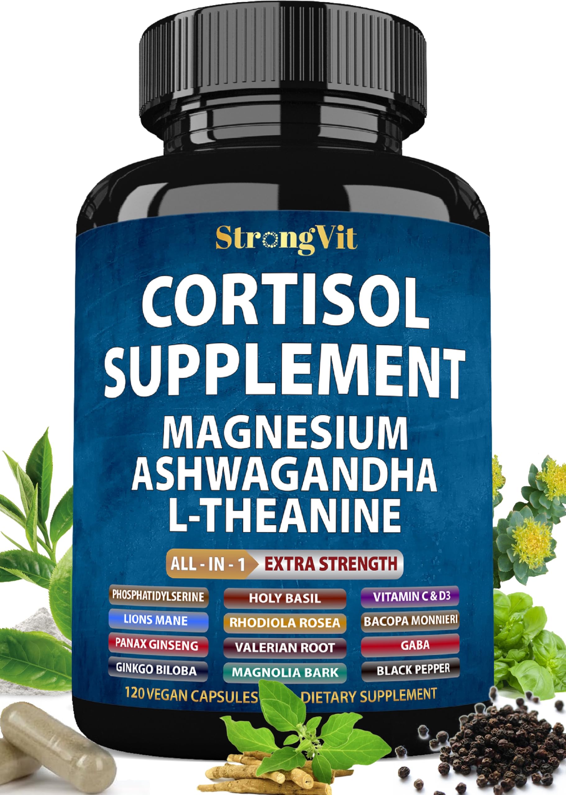 StrongVit cortisol supplements bottle front for stress support and restful sleep