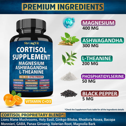 StrongVit cortisol capsules close-up showing easy daily capsules for calmer days