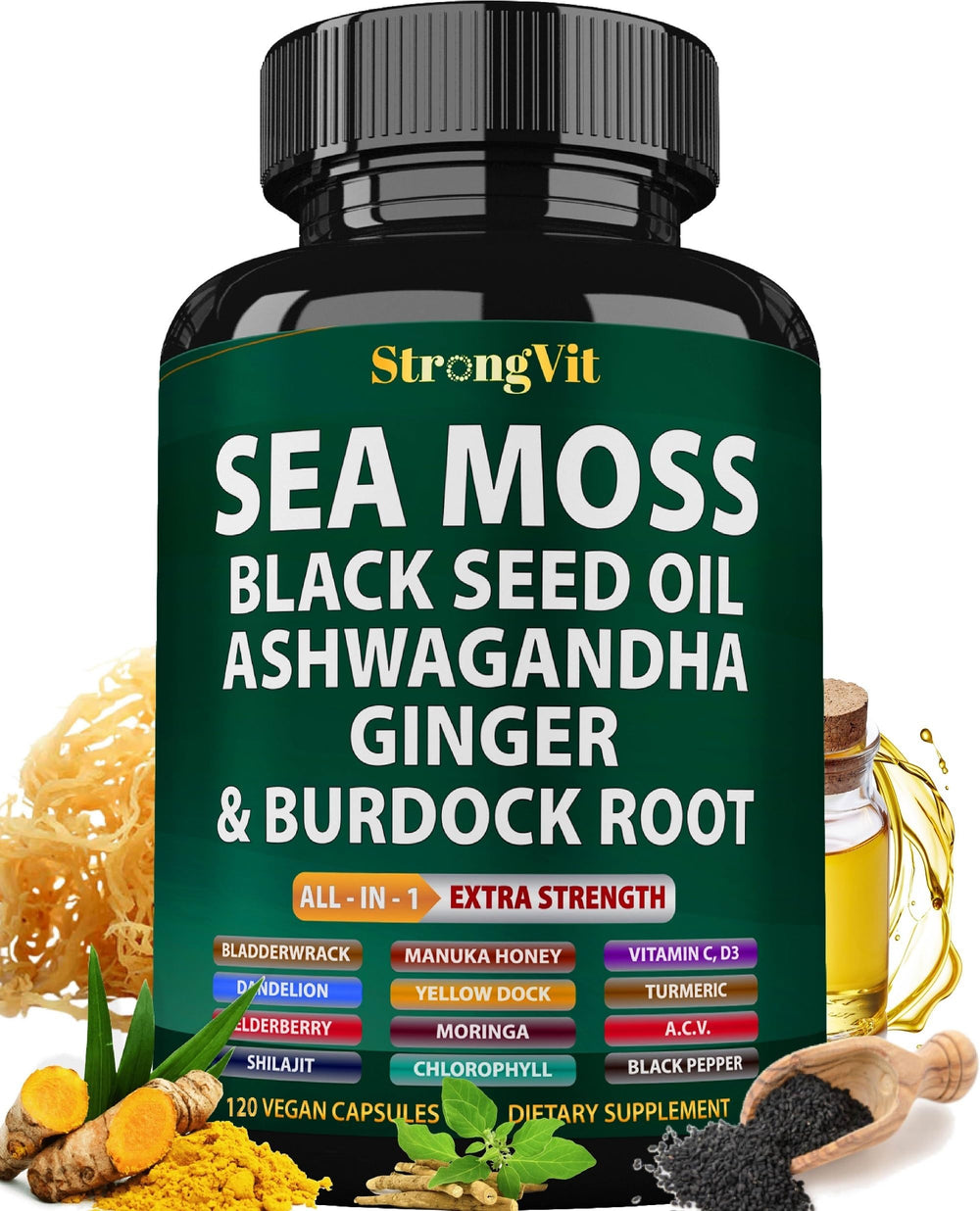 StrongVit Sea Moss bottle front for daily vitality support.
