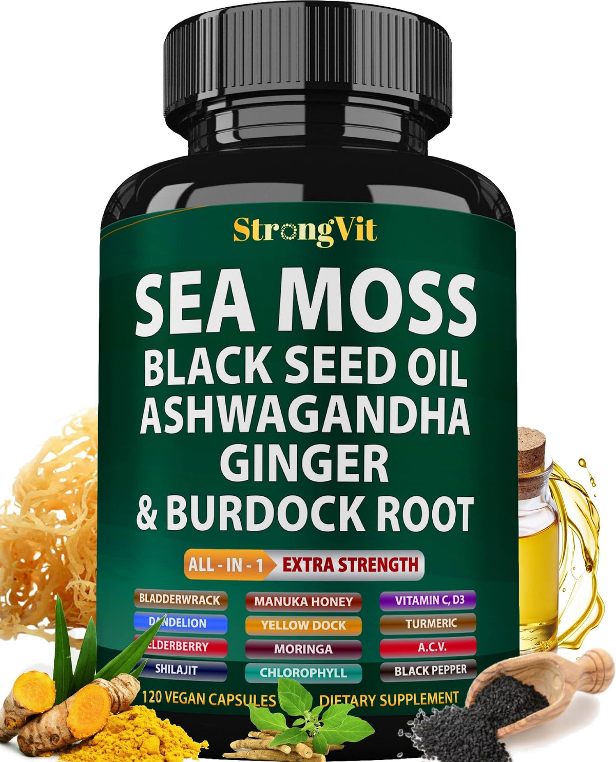 StrongVit Sea Moss bottle front for daily vitality support.