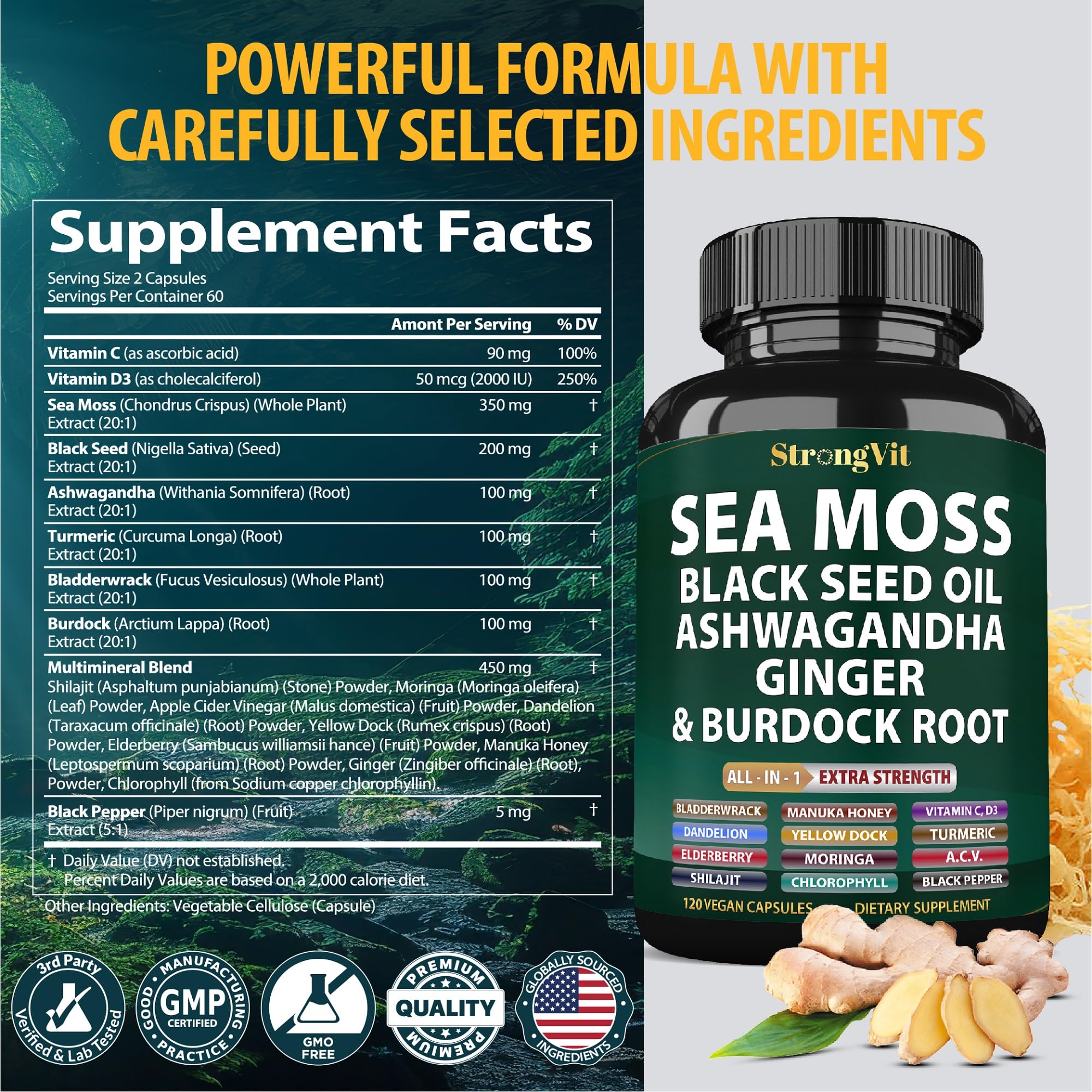StrongVit Sea Moss bottle label close-up showing vegan, gluten-free formula.