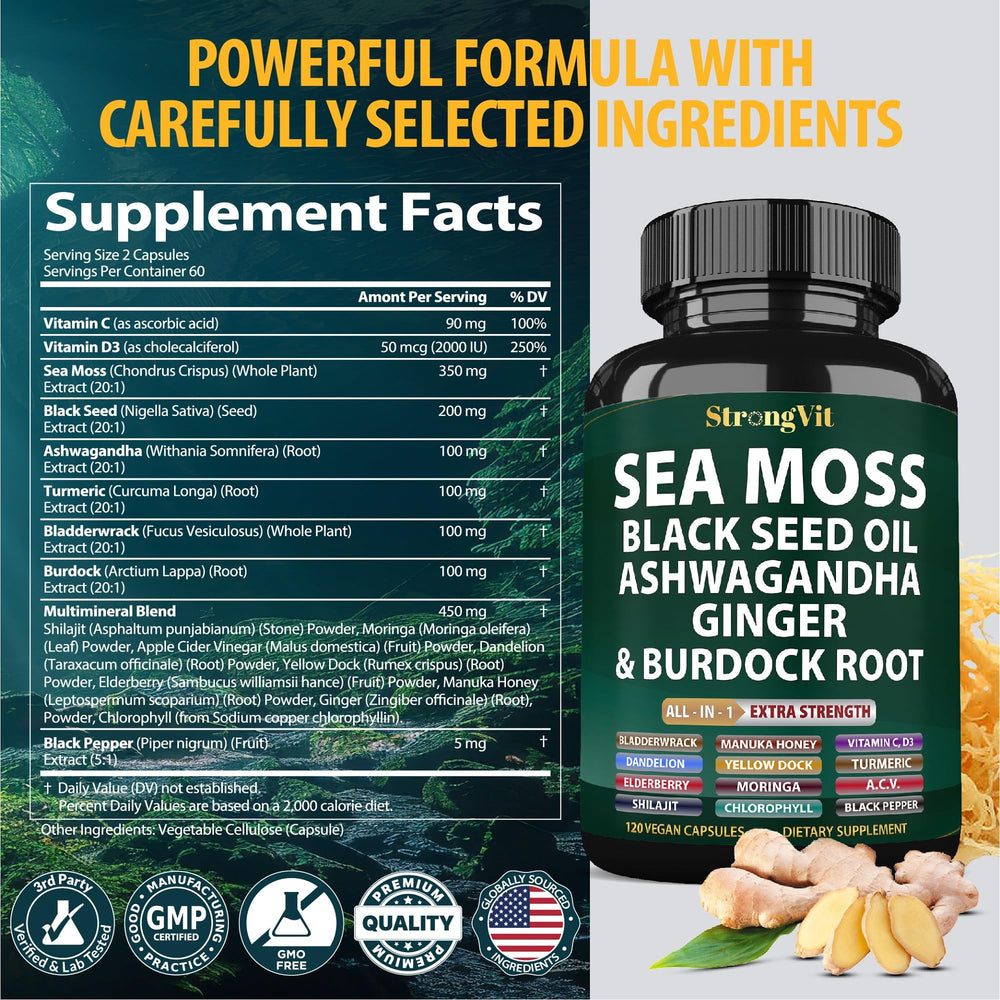 StrongVit Sea Moss bottle label close-up showing vegan, gluten-free formula.