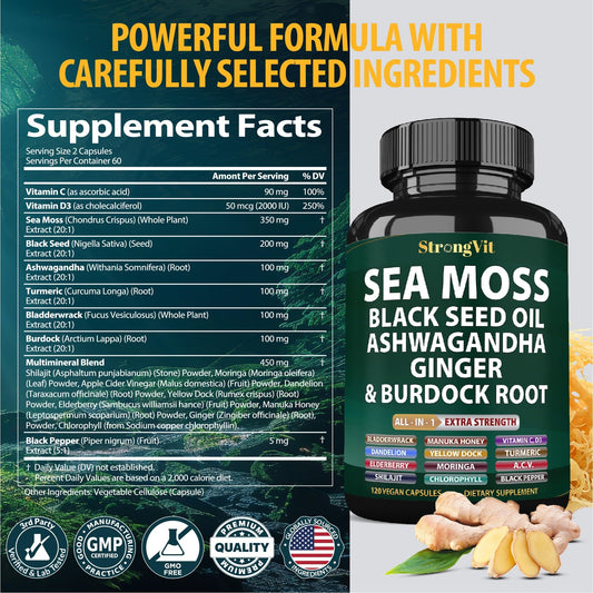 StrongVit Sea Moss bottle label close-up showing vegan, gluten-free formula.