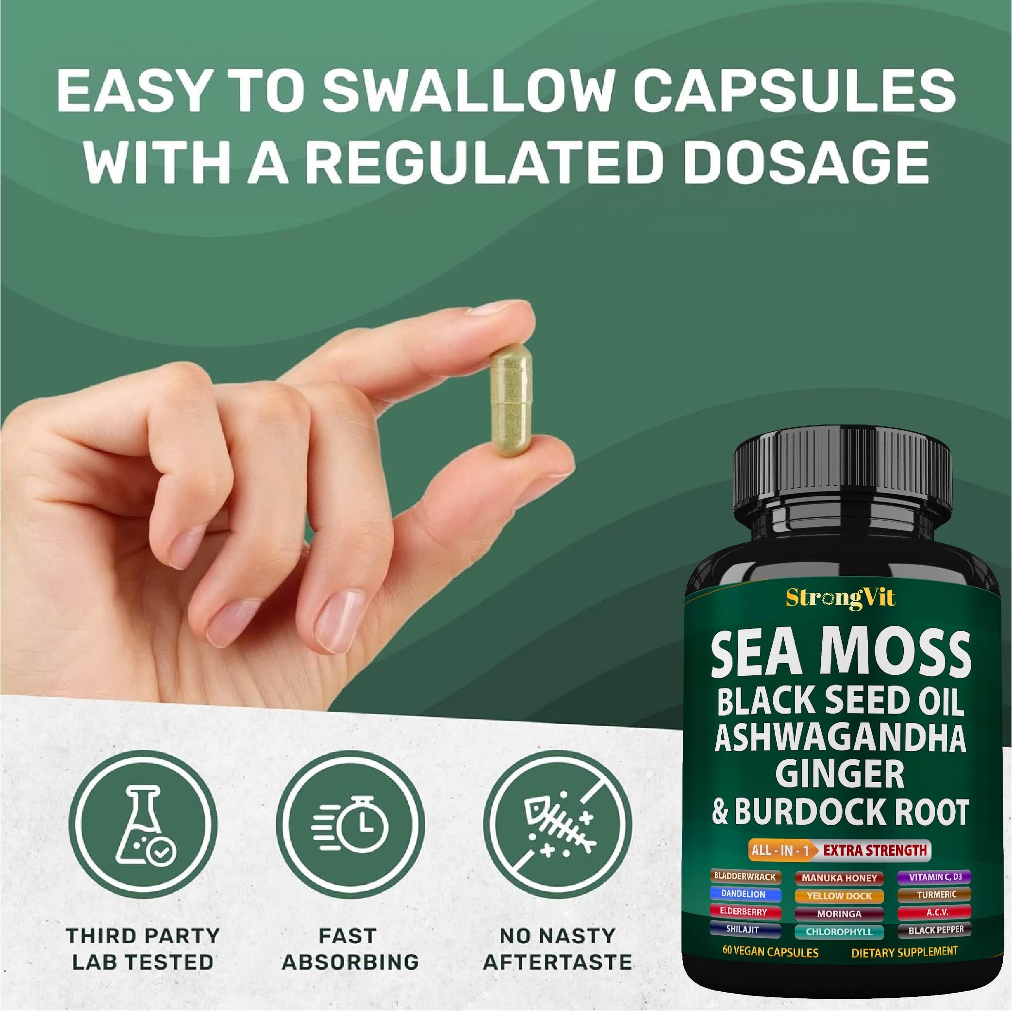 StrongVit turmeric and shilajit visuals imply an antioxidant-rich blend.