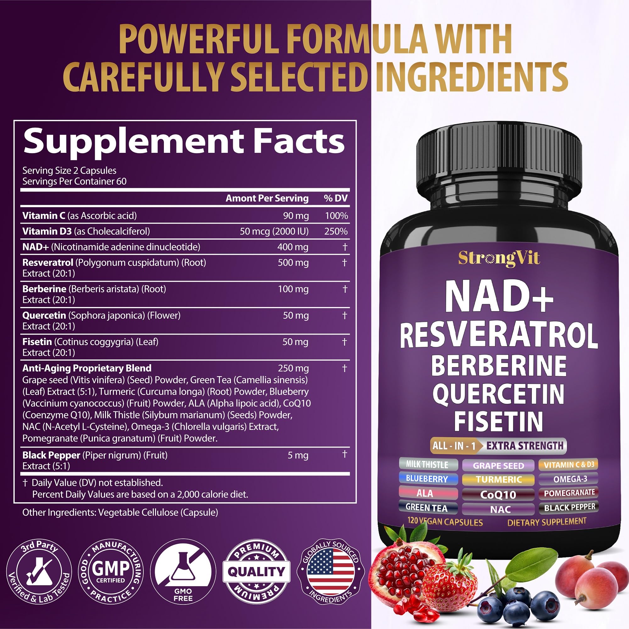 Vegan, gluten-free, and GMO-free StrongVit label on bottle