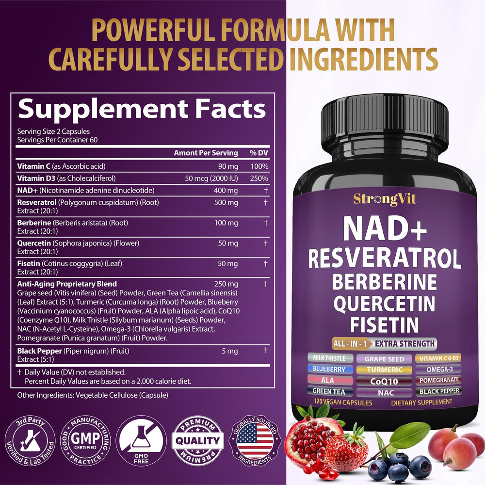 Vegan, gluten-free, and GMO-free StrongVit label on bottle