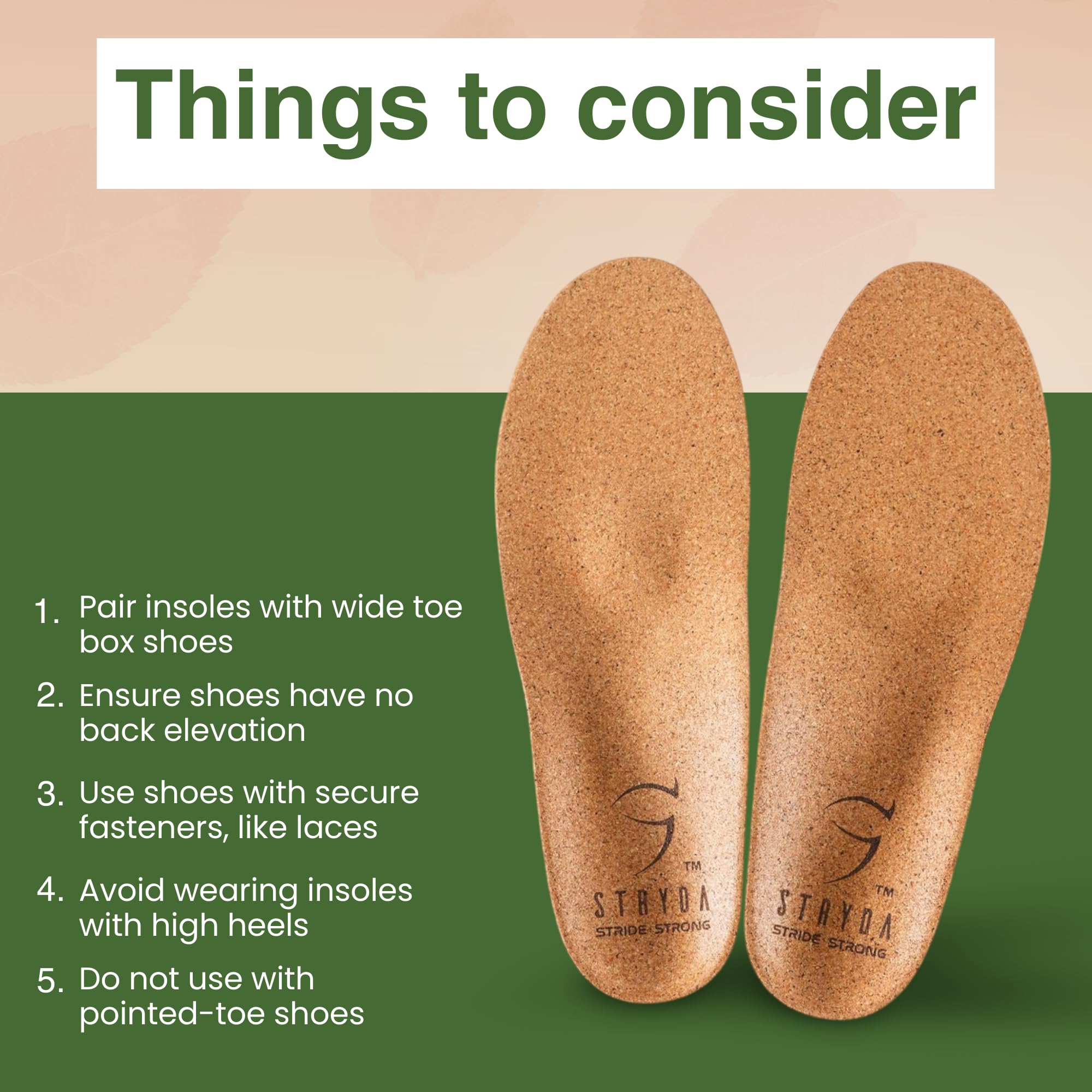 STRYDA cork insoles support all three arches for comfortable standing.