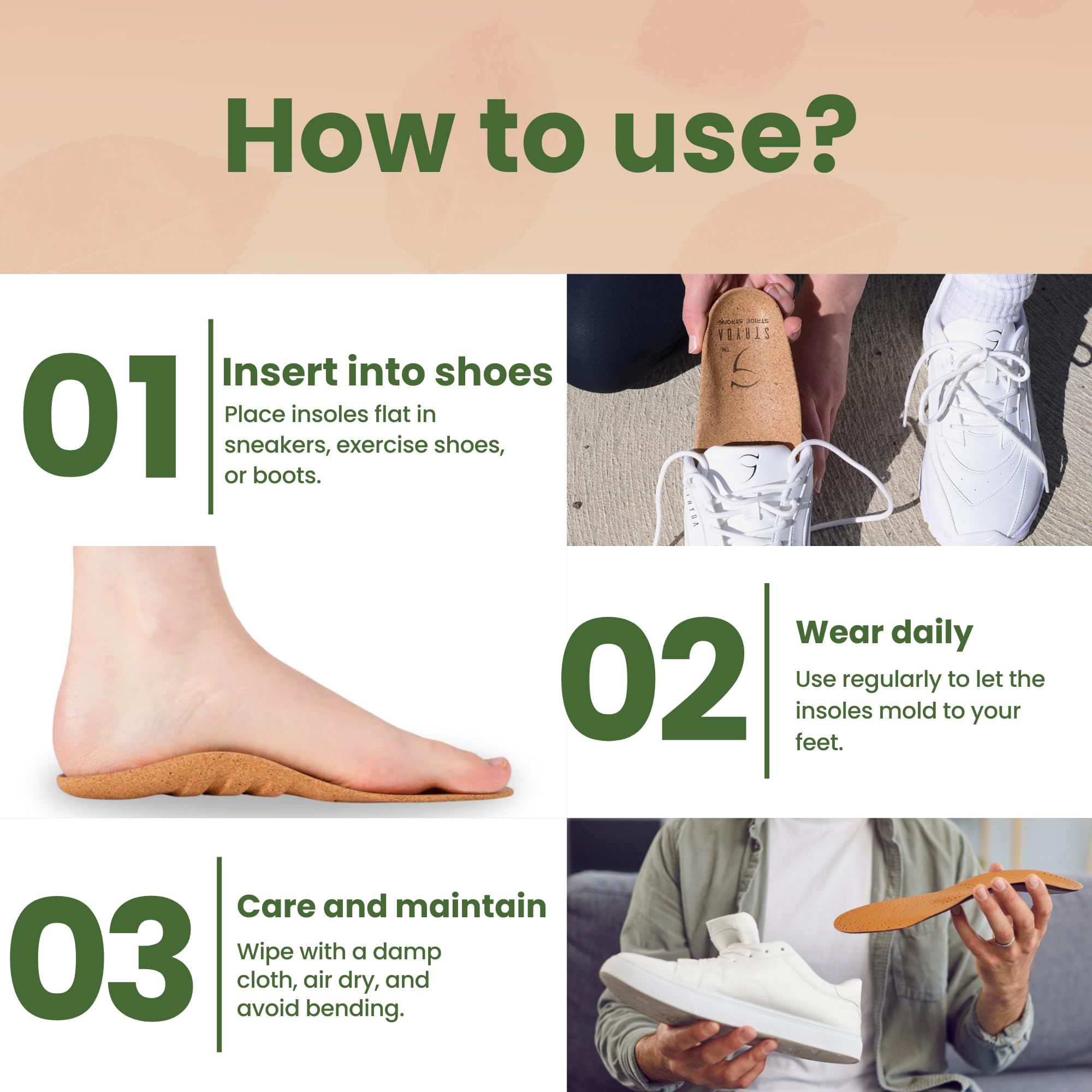 STRYDA odorless hygienic cork material keeps feet dry and comfortable.