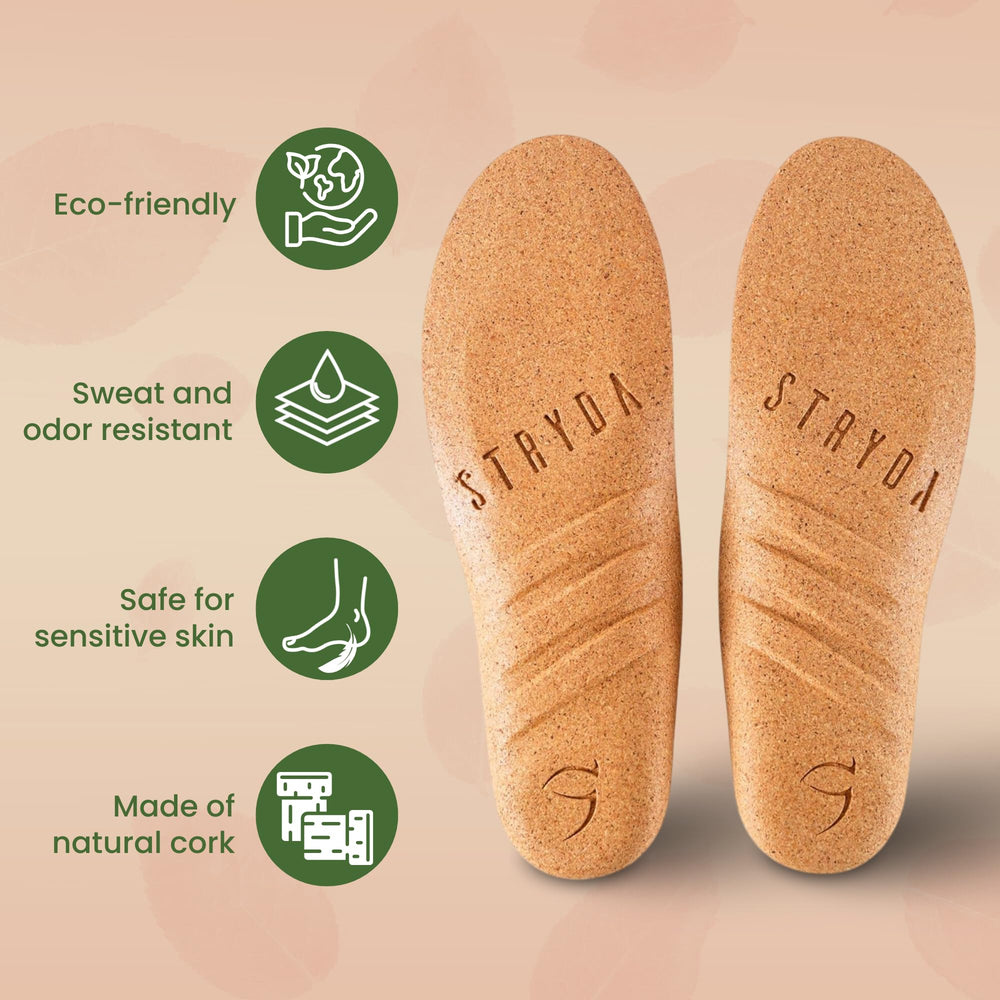 STRYDA vegan cork material highlights sustainable insoles.
