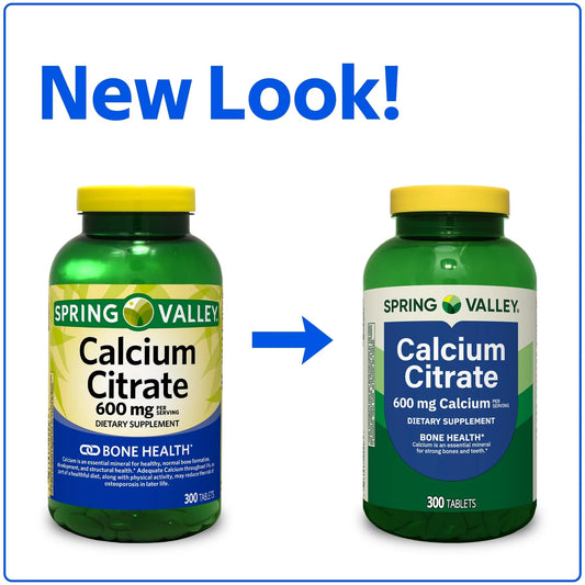 Closeup of calcium citrate 600 mg tablets by Spring Valley