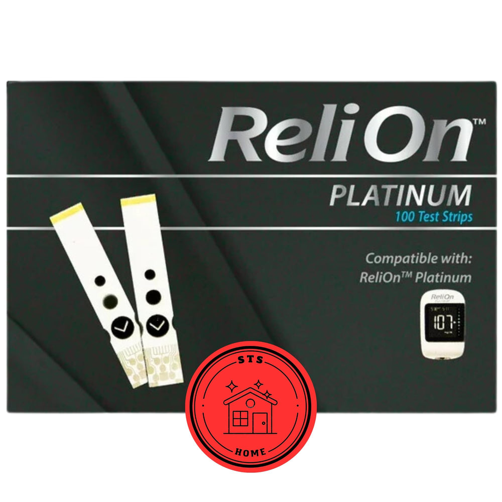 STS Home Platinum test strip 100-count package for at-home glucose testing.