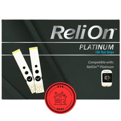 STS Home Platinum test strip 100-count package for at-home glucose testing.