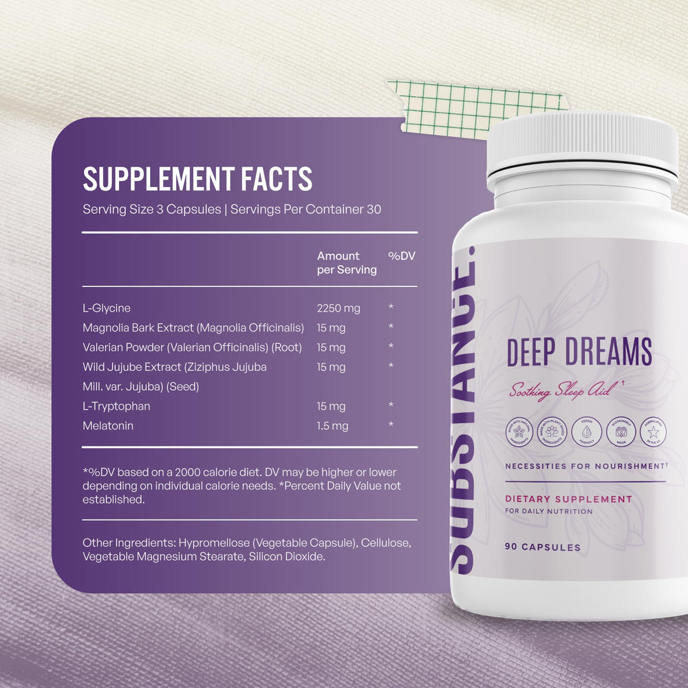 SUBSTANCE Nature's Deep Dreams bottle on nightstand ready for nightly routine.