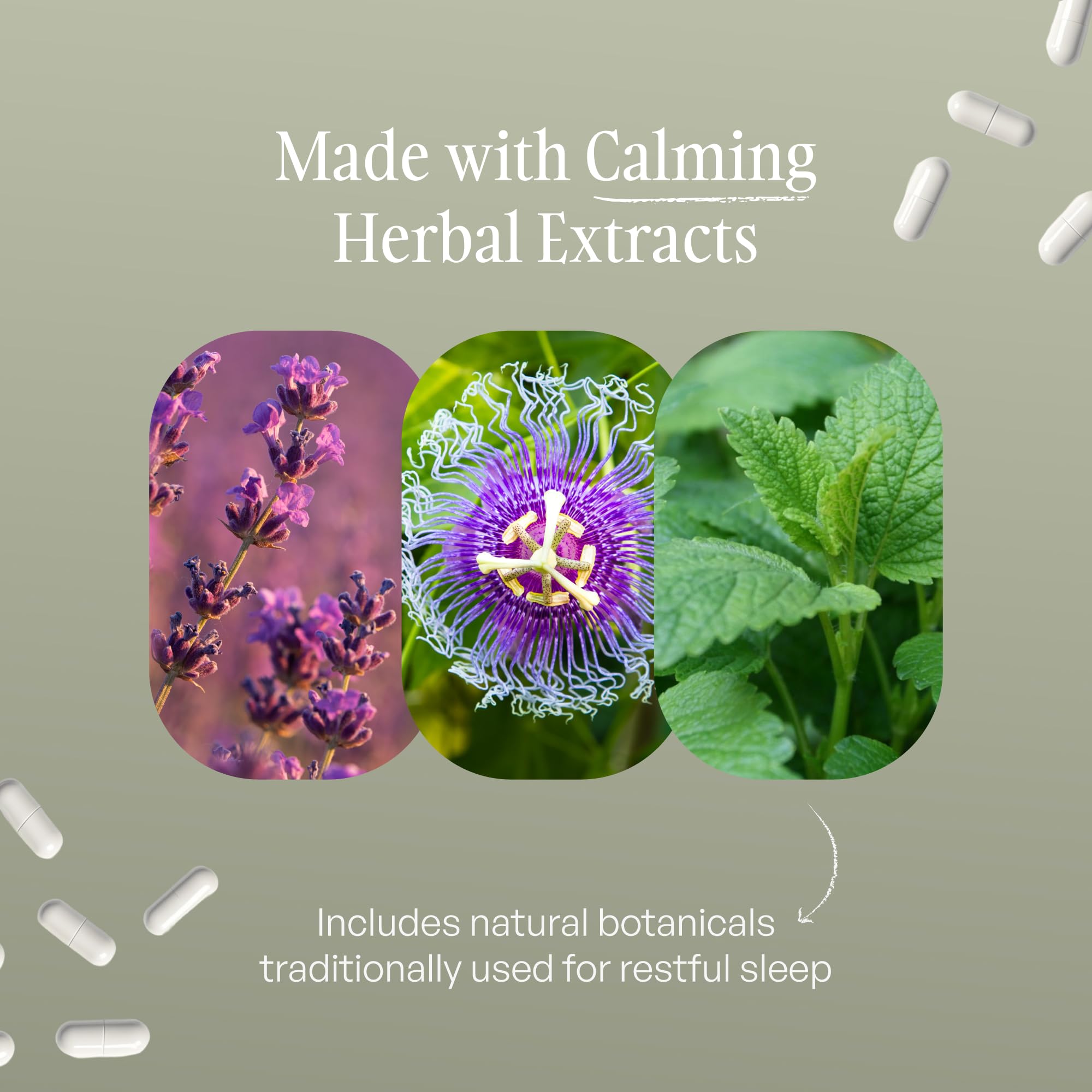 SUBSTANCE Nature's Deep Dreams herbal blend with leaves backdrop signals natural sleep support.
