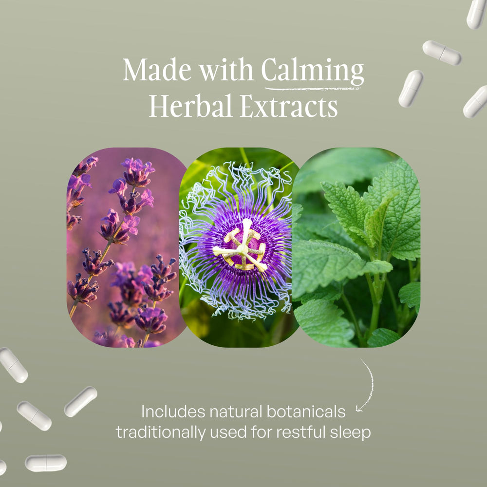 SUBSTANCE Nature's Deep Dreams herbal blend with leaves backdrop signals natural sleep support.