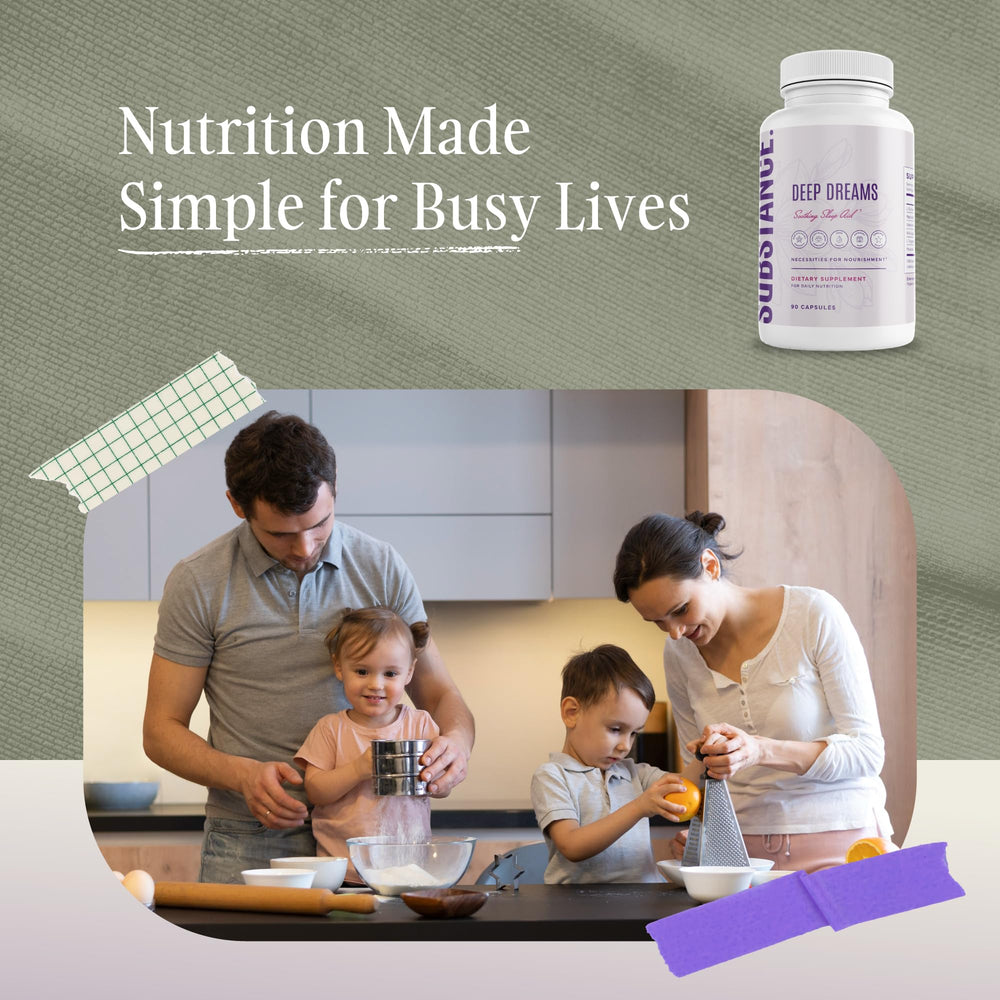 SUBSTANCE Nature's Deep Dreams label close-up highlighting natural ingredients for better sleep.