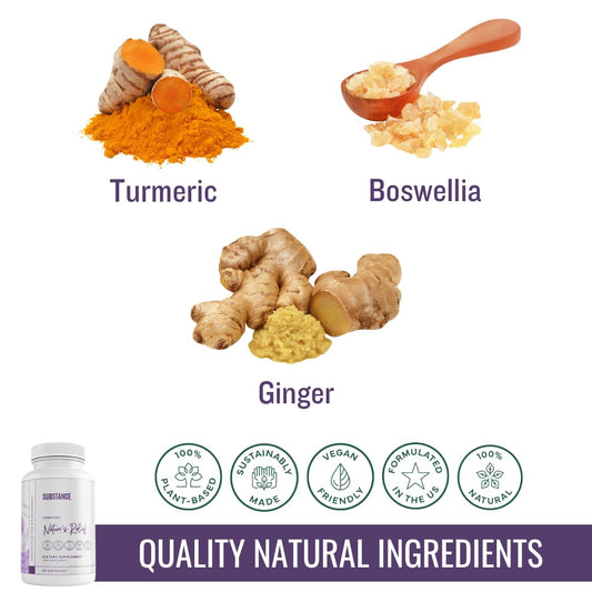 SUBSTANCE Nature's Relief bottle back lists ingredients for informed joint wellness decisions.