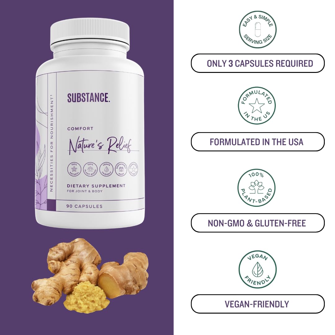 SUBSTANCE Nature's Relief ingredient bottle shows Boswellia and turmeric blend.
