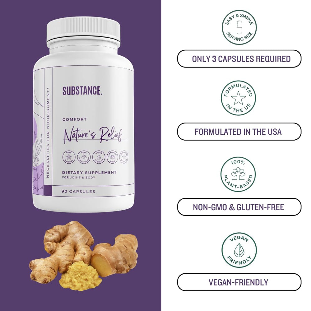 SUBSTANCE Nature's Relief ingredient bottle shows Boswellia and turmeric blend.