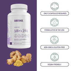 SUBSTANCE Nature's Relief ingredient bottle shows Boswellia and turmeric blend.