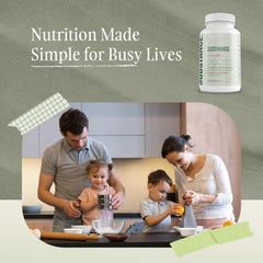 SUBSTANCE Nature's Sustenance daily greens scoop, highlighting convenient 4-capsule routine for steady energy.