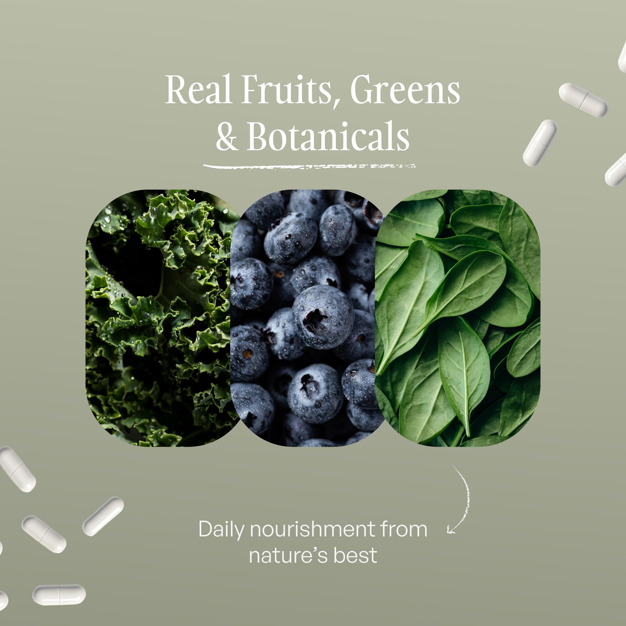 SUBSTANCE Nature's Sustenance fruits and greens scene, underscoring vegan-friendly plant-based support.