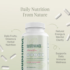 SUBSTANCE Nature's Sustenance closeup of greens and mushrooms, showcasing nutrient-dense ingredients.