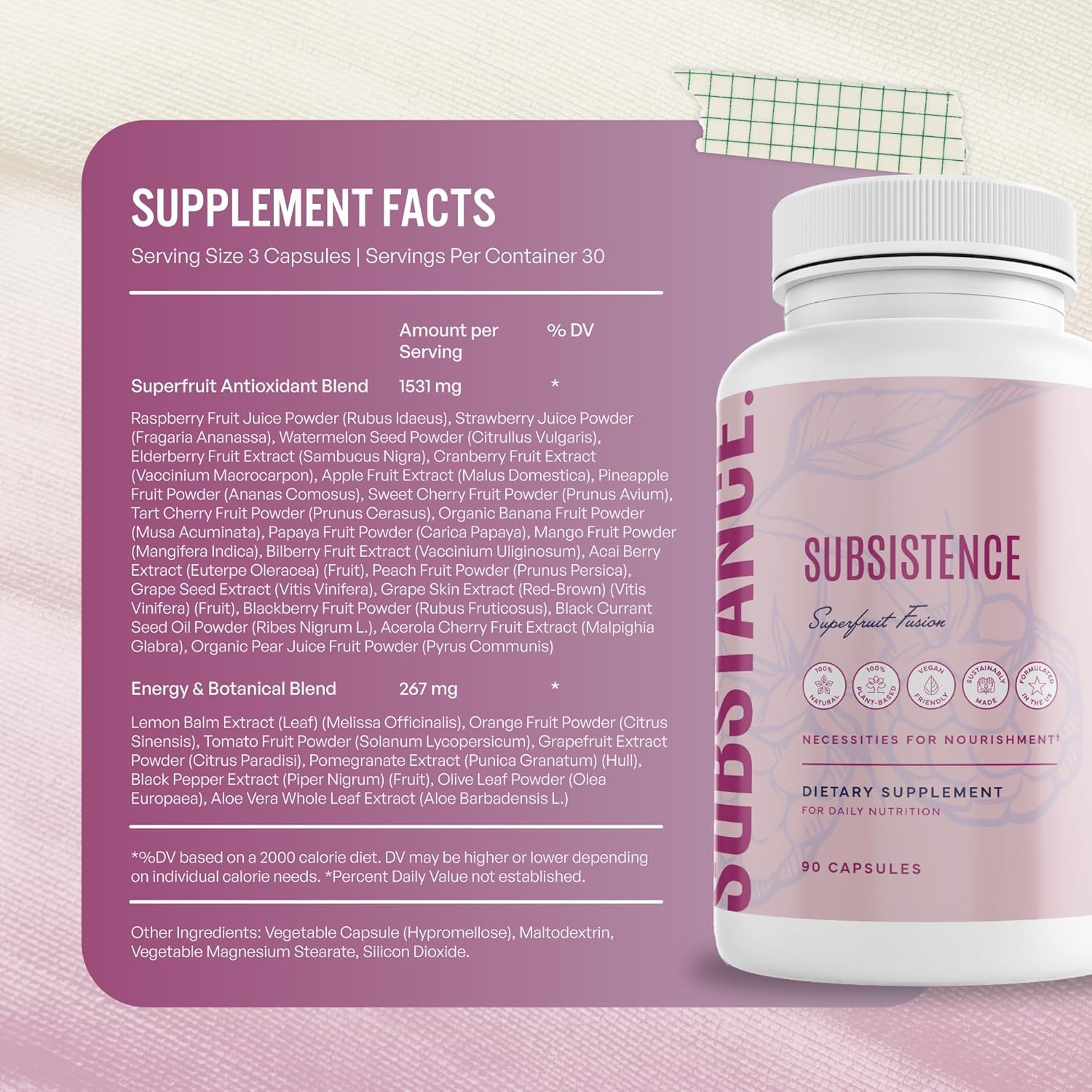 SUBSTANCE Organic fruit blend ingredients; colorful mix from over 20 fruits.
