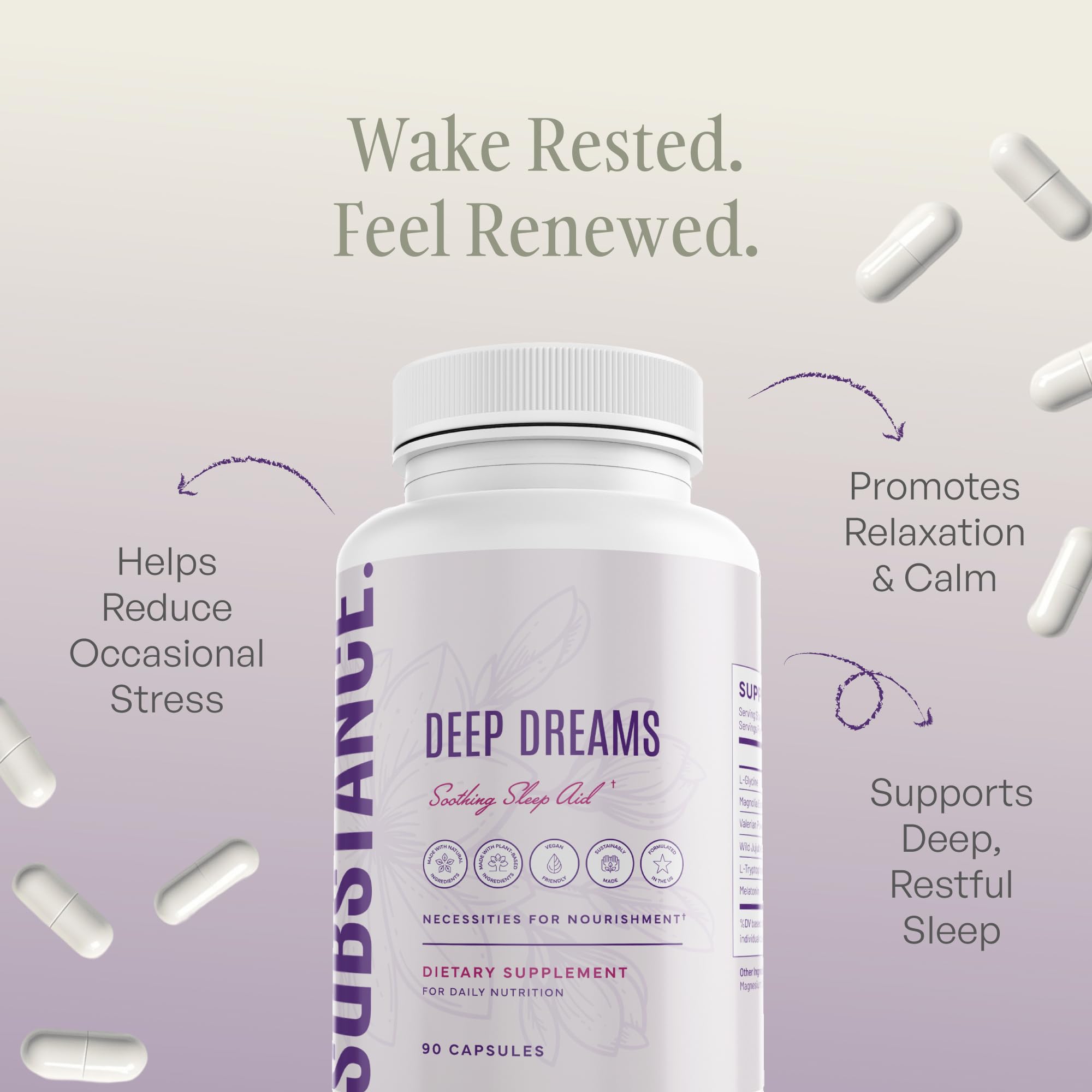 SUBSTANCE Nature's Deep Dreams sleep capsules close-up for gentle drift to sleep.