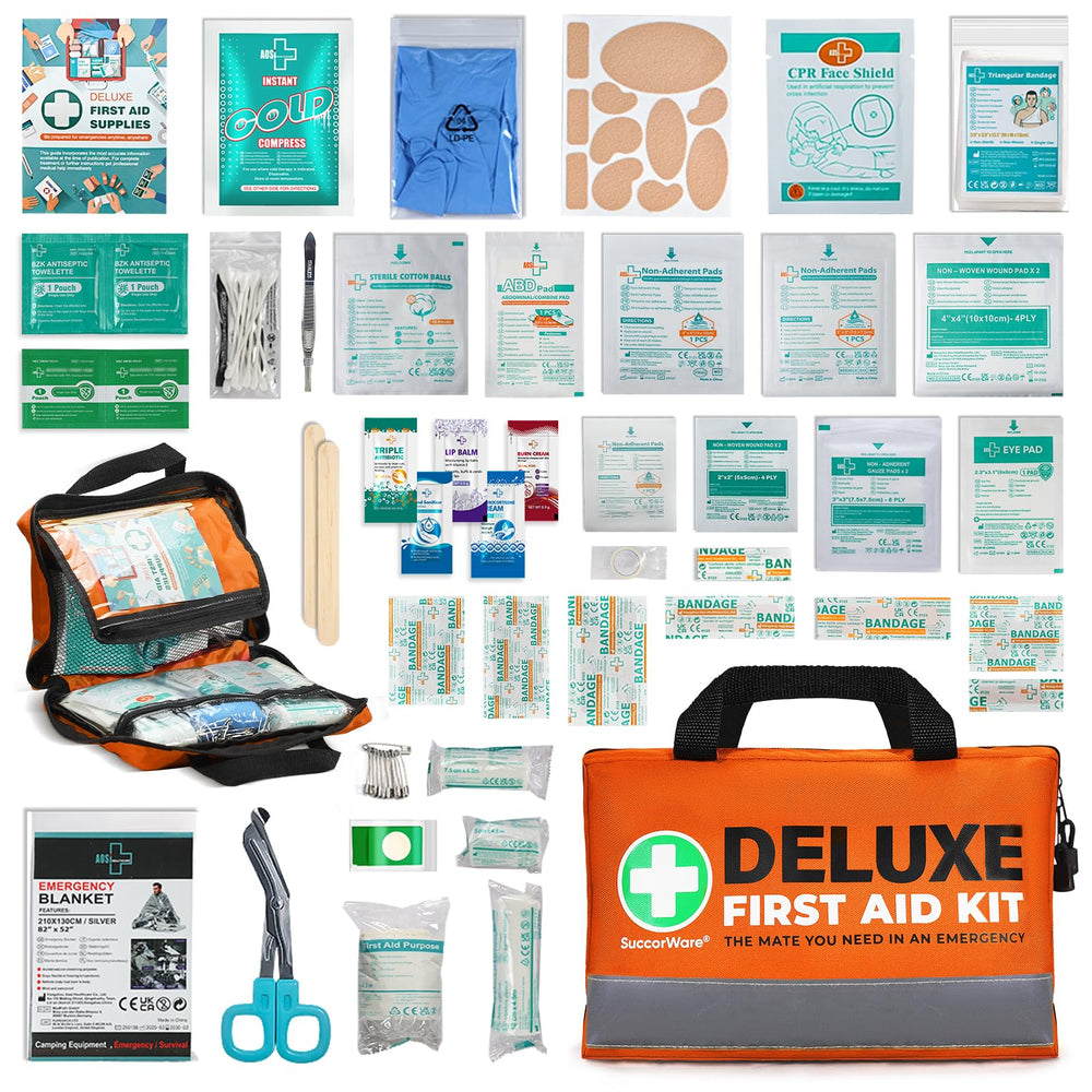 SuccorWare 380-piece deluxe first aid kit in a bag, ready for home emergencies.