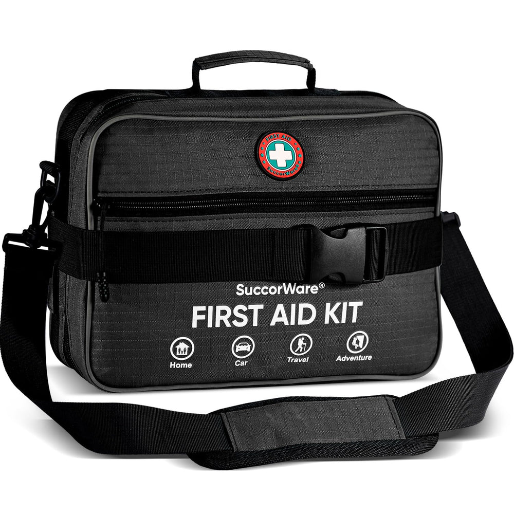 SuccorWare professional first aid kit with open compartments for quick access during emergencies.