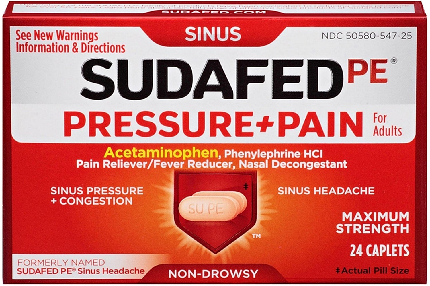 Sudafed PE Pressure + Pain caplets for adults in blister pack aiding head pressure relief