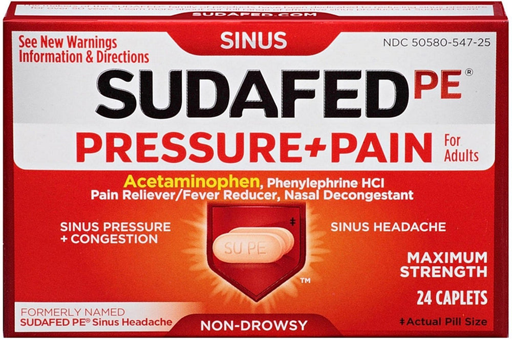 Sudafed PE Pressure + Pain caplets for adults in blister pack aiding head pressure relief