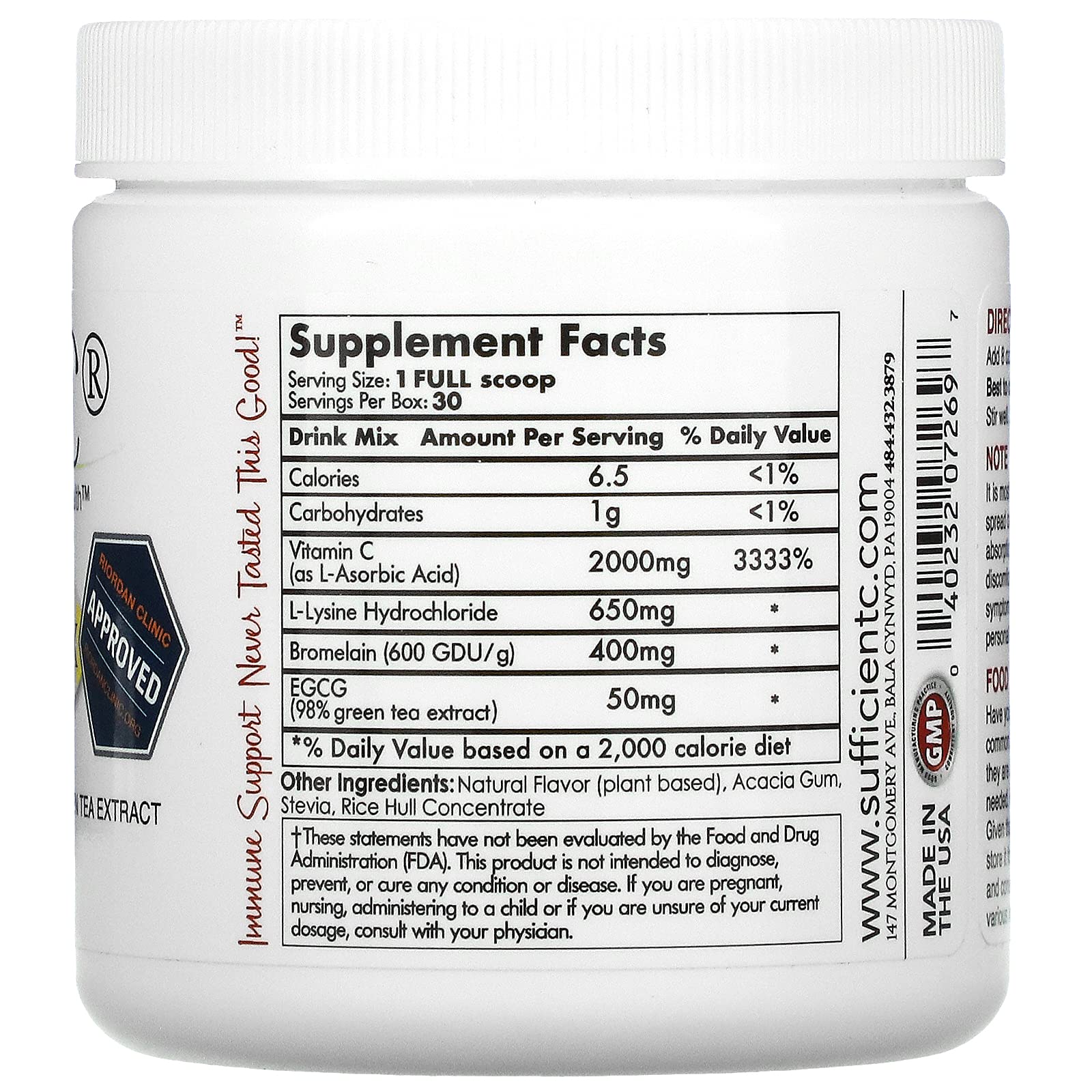 Sufficient-C lemon-peach drink mix dissolves in a glass for a refreshing sip.
