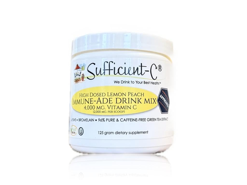 Sufficient-C high-dose lemon-peach drink mix being poured for a refreshing break