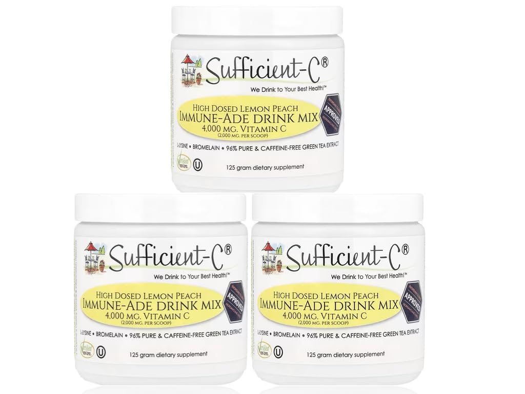 Sufficient-C high-dose vitamin C lemon peach drink mix in a tub.