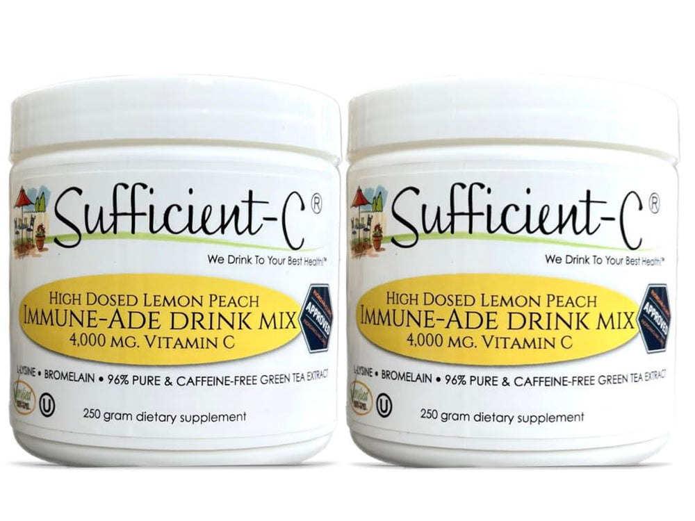 Sufficient-C lemon peach drink bottle shows label with high-dose vitamin C for daily hydration.
