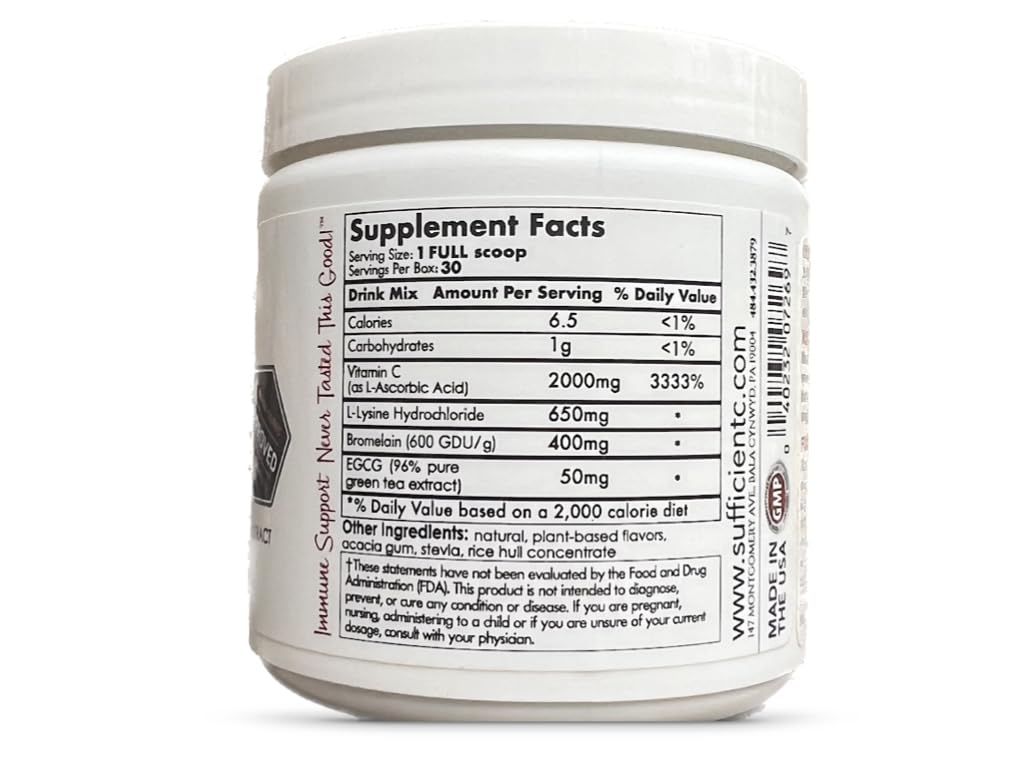 Sufficient-C lemon-peach flavor label close-up highlighting non-GMO and sugar-free benefits