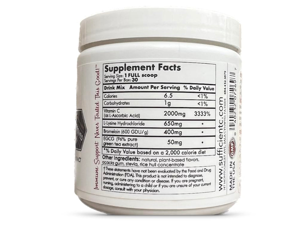 Sufficient-C lemon-peach flavor label close-up highlighting non-GMO and sugar-free benefits