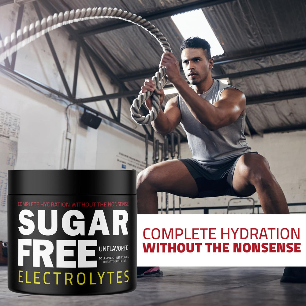 Sugar Free Electrolytes unflavored powder mixed in water for keto-friendly hydration.