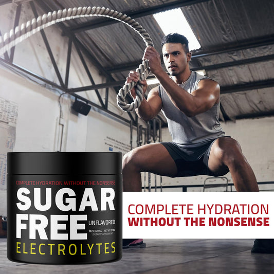 Sugar Free Electrolytes unflavored powder mixed in water for keto-friendly hydration.